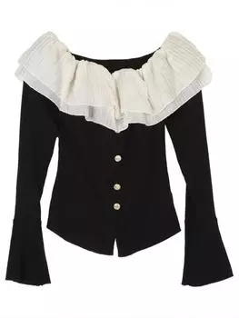 VAYLA Y2k Сексуальная футболка женская Французский стиль Элегантная мода С открытыми плечами Кроп-топ Женская Расклешенный рукав Вырез-лодочка Рюши Приталенные футболки S чёрный