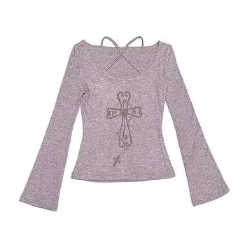 VAYLA Японские вязаные топы Y2k Гранж эстетика Футболки с расклешенными рукавами Винтажный Харадзюку Фиолетовый трикотаж Американский ретро 2000-е S фиолетовый