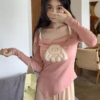 VAYLA Японские женские футболки Туника с квадратным вырезом Летние футболки Модные асимметричные кроп-топы Повседневная милая футболка в стиле Y2k Рубашки для женщин S розовый