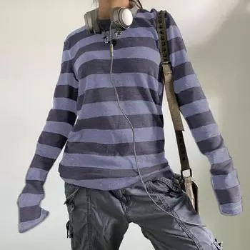 VAYLA Женская базовая трикотажная футболка в стиле фейри-гранж Y2K Серая в черную полоску с длинным рукавом и круглым вырезом Топы Футболка в стиле эмо S синий