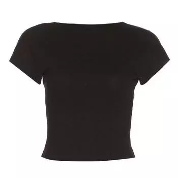 VAYLA Женская футболка с круглым вырезом и открытой спиной, с коротким рукавом, однотонный кроп-топ, летняя милая футболка-малышка, одежда Y2K, облегающие туники, модная майка S чёрный