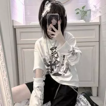 VAYLA Женская футболка с отстегивающимися длинными рукавами, с японским мультяшным принтом, кавайные графические футболки, эстетика Y2k, топы в стиле Харадзюку S белый