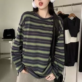 VAYLA Женская футболка Весна и Осень Новая Корейская Свободная Полосатая Футболка с Длинным Рукавом Женская Студенческая Тонкая Универсальная Футболка S зелёный