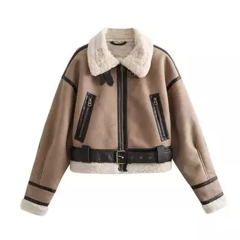 VAYLA Женская Ретро Свободная Куртка из Искусственной Кожи с Мягким Мехом, Короткая Зимняя Женская Куртка на Молнии с Поясом, Винтажная Верхняя Одежда S хаки