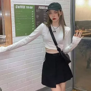 VAYLA Женские футболки с длинным рукавом Дизайн Сексуальный укороченный топ Ins Популярный Топы с бинтами Харадзюку Ульззанг Уличный Стиль Весна Женская Одежда Горячие Облегающие Новые M белый