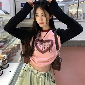 VAYLA Женские футболки с длинным рукавом Весна Корейский контрастный цвет Принт в виде сердца Облегающий укороченный топ Плиссированная повязка Эстетика Y2k Женская футболка S розовый
