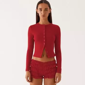 VAYLA Женские кардиганы в рубчик, однотонные, с длинным рукавом, круглым вырезом, на пуговицах, укороченные свитера, женские повседневные пуловеры S красный