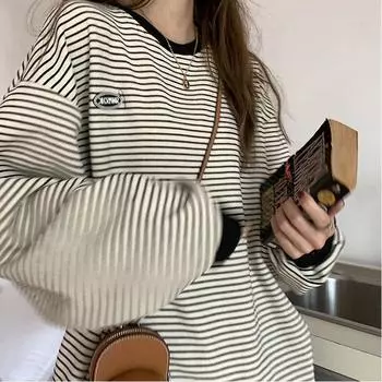 VAYLA Женские полосатые новые футболки на весну и осень, модные, с круглым вырезом, панельные, свободные, универсальные, повседневные, с длинным рукавом S белый