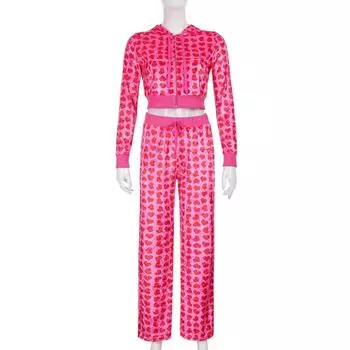 VAYLA Женские розовые худи кроп на молнии с принтом сердец Y2K с длинным рукавом укороченные толстовки пальто куртка в стиле E-Girl 90-х спортивный костюм S розовый