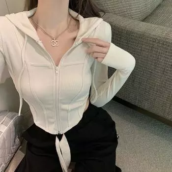 VAYLA Женский кардиган на молнии с капюшоном Весенний Ретро Приталенный Спортивный пиджак Удобный Простой Универсальный Короткий Укороченный Топ с длинным рукавом S абрикосовый