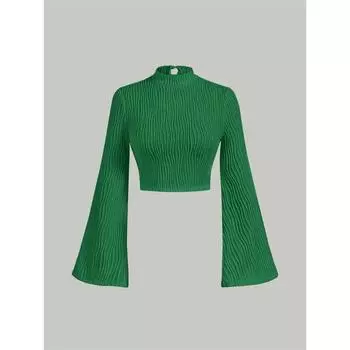 VAYLA Женский текстурированный кроп-топ с высоким воротником, расклешенными длинными рукавами, элегантный стиль преппи, Y2K, в рубчик, облегающая футболка-блузка M зелёный