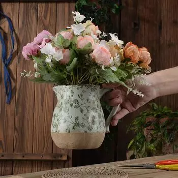 Ваза Бытовая Зеленая Керамическая Маленькая Цветочная Горшка Настольное Украшение с Ручкой Переносная Гостиная Цветочная Композиция Креативная