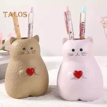 Ваза для кошек, украшение для дома и офиса, ваза для кошек в форме сердца из смолы, настольная ваза для цветов, держатель для ручек в форме кошки, подарок для любителей кошек розовый