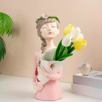 Ваза из смолы, фигурка девушки, держатель для цветов, настольный вазон, современная шикарная декоративная статуэтка, украшения для стола для домашнего офиса розовый