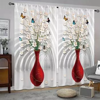 Ваза с изображением бабочки и цветка, с высоким затенением, карниз для штор, декор для спальни, офиса, кухни, гостиной W55 X H120cm X 2&HOOK