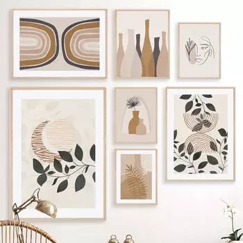 Ваза с листьями в стиле бохо, Солнце, Луна, Радуга, абстрактная настенная живопись на холсте, плакаты на скандинавскую тему и принты, настенные панно для декора гостиной A4 21X30cm No Framed