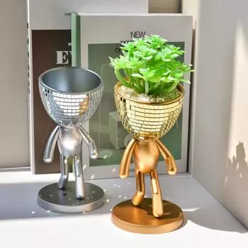 Ваза в форме диско-шара в форме человека, горшки для суккулентов, зеркальные горшки из мозаичного стекла, забавные горшки для суккулентов, маленькие цветочные горшки, настольный декоративный горшок для кактуса Silver