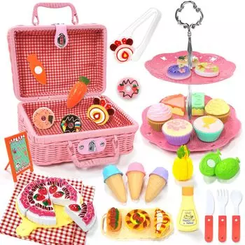 VBACALA Play House Set 43PCS Пикник Кемпинг Игрушки 2 Слоя Подставка для торта Мороженое Фруктовый десерт Хлеб Послеобеденный чай Ролевые игры Домашние игры Кухонные игрушки