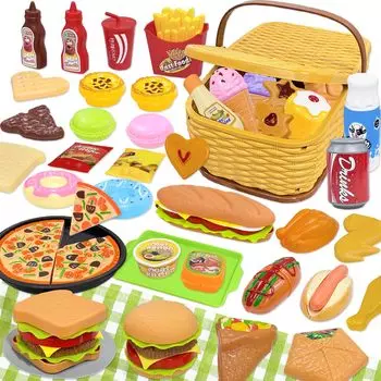 VBACALA Play Kitchen 54 Ice Cooking Basket Picnic Pretend Christmas Girls Set, Pieces, Vegetables, Fruits, cake, Cream, Hamburger, Pizza, Kitchenware,
