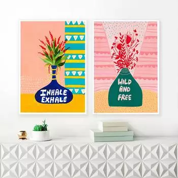 Вдох-Выдох Печать на холсте Картина Плакат Искусство вдохновляющая цитата Ваза с цветами в стиле бохо Настенные картины для гостиной Домашний декор 21cm30cm NoFrame