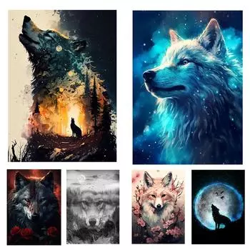 Вдохновляющая цитата: Дикая природа Волк Лес Луна Пейзаж Искусство 5DDIY Алмазная роспись Стена и украшение интерьера гостиной Full Round 20x30CM