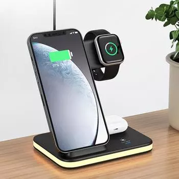 Veaqee Multi 4 в 1 быстрая беспроводная зарядная станция подставка 15 Вт держатель для быстрой зарядки светодиодный светильник умное беспроводное зарядное устройство 4 в 1 as picture чёрный