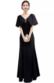 Вечеринка, свадьба, вечер [платье EightSTAR] Платье, рукава, платье для матери, платье для матери, черное, концертное, длинное, для взрослых, V-образный вырез, платье, родственники, 30-е годы, чёрный