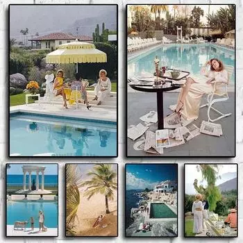 Вечеринка у бассейна у пальмы Высший класс общества в 19 веке Фотография Слима Аарона Картина Холст Плакаты Комната Домашний Декор Стены Искусства 21cm30cm NoFrame