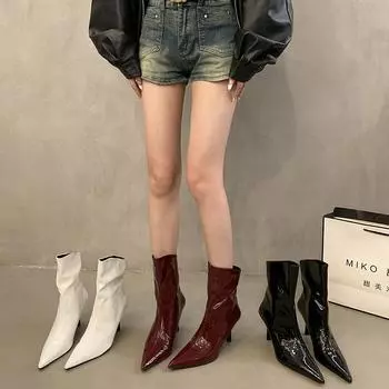 Вечеринка в ночном клубе лакированные женские ботильоны осень-зима на высоком каблуке женские короткие с острым носком Botas De Mujer 35