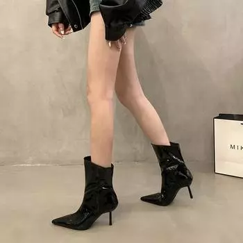 Вечеринка в ночном клубе лакированные женские ботильоны осень-зима на высоком каблуке женские короткие с острым носком Botas De Mujer 35 вино красного