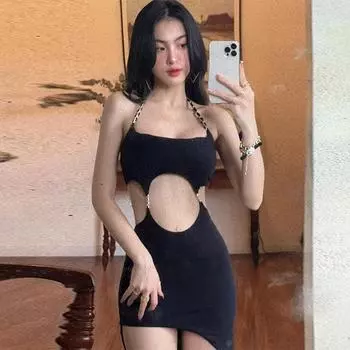 Вечернее клубное женское сексуальное платье с бретелькой на шее и открытой спиной, нерегулярное платье S чёрный