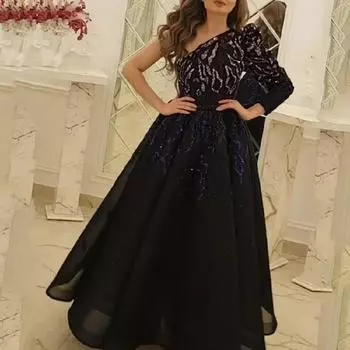 Вечернее платье 2025 новое банкетное темпераментное длинное черное с золотыми вкраплениями платье для ежегодного собрания платье S чёрный