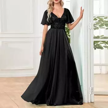 Вечернее платье Банкетное сетчатое длинное платье-халат с V-образным вырезом Сексуальное длинное платье с короткими рукавами L чёрный