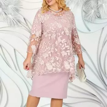 Вечернее платье больших размеров, двухслойное прозрачное кружево, цветочная вышивка, рукава три четверти, круглая шея, оболочка 3XL королевский синий