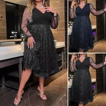 Вечернее платье больших размеров с узором в горошек, двухслойным подолом, сетчатыми рукавами, облегающим кроем, V-образным вырезом, платье-трапеция с V-образным вырезом, выпускное платье миди XXL чёрный