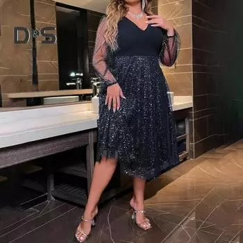 Вечернее платье больших размеров с узором в горошек, двухслойным подолом, сетчатыми рукавами, облегающим кроем, V-образным вырезом, платье-трапеция с V-образным вырезом, выпускное платье миди XXL чёрный