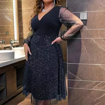 Вечернее платье больших размеров Yousheng с узором в горошек, двухслойным подолом, сетчатыми рукавами, облегающим кроем, V-образным вырезом, платье-трапеция с V-образным вырезом, выпускное платье миди XXL чёрный