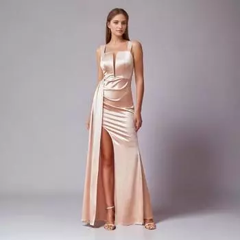 Вечернее платье цвета шампанского с V-образным вырезом и высоким разрезом S