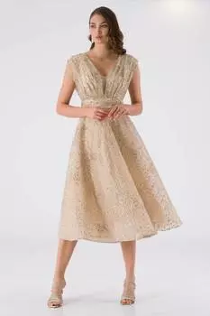 Вечернее Платье Длиной Миди С Вырезом На Спине Бежевое LUPI