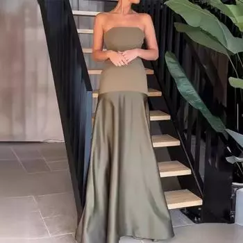 Вечернее платье для выпускного вечера бандо с открытыми плечами без рукавов и открытой спиной в тон в стиле пэчворк трапециевидной формы длиной до пола, бальное платье, женское коктейльное вечернее платье макси XL армия зеленый