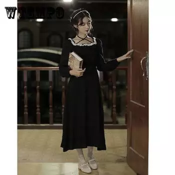 Вечернее платье феи, весеннее маленькое черное платье во французском стиле ретро с квадратным воротником, кружевное элегантное женское платье с длинными рукавами XL чёрный
