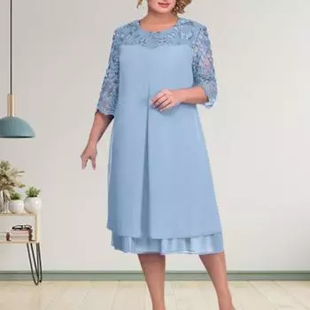 Вечернее платье Элегантное красивое женское платье с вышивкой Платье миди больших размеров Свободное платье с круглым вырезом и цветочным принтом из сетчатой пряжи 2XL небесно-голубой