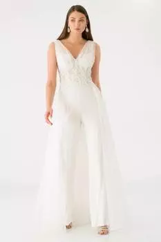 Вечернее платье-комбинезон из тюля с двубортным воротником светло-серого цвета MRJ