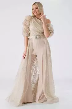 Вечернее Платье-Комбинезон с Пышными Рукавами Бежевый BULE