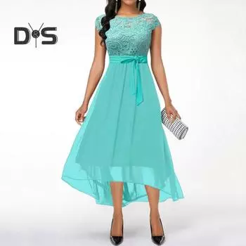 Вечернее платье Круглый вырез Ажурное кружево V-образный вырез на спине Пояс Узкая талия Скрытая молния Неровный подол Двойные слои Однотонный короткий рукав Ретро S зелёный