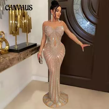 Вечернее платье, модное женское однотонное сетчатое прозрачное платье макси с длинными рукавами и стразами S чёрный