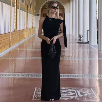 Вечернее платье на одно плечо, нестандартный дизайн, струящиеся бретели, с открытой спиной, облегающее платье, однотонное, длиной до пола L красный