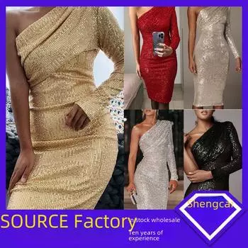 Вечернее платье на одно плечо с пайетками в европейском и американском стиле 2025 г.: Стильный косой воротник-хомут на груди для ночных клубов и вечеринок.