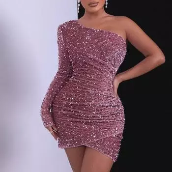 Вечернее платье на одно плечо в европейском и американском стиле с пайетками 2022 года — сексуальное, элитное, однотонное, облегающая юбка до бедер Extra Small красный