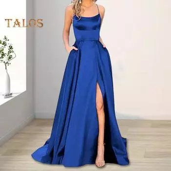 Вечернее платье На тонких бретельках Высокий разрез с открытыми плечами Без спинки Без рукавов Боковые карманы Трапеция Длина до пола Атлас Чистый цвет Выпускной банкет Вечеринка Макси L розового золота